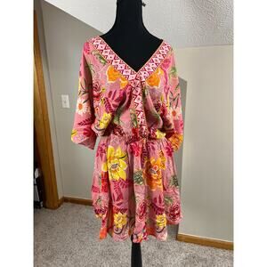 Cupshe Pink Floral Resort Swimsuit Cover Up Medium Dolman Sleeve V-Neck Mini New